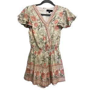 Lulus Making an Impression Cream Multi Print Flutter Sleeve Floral Romper Size X